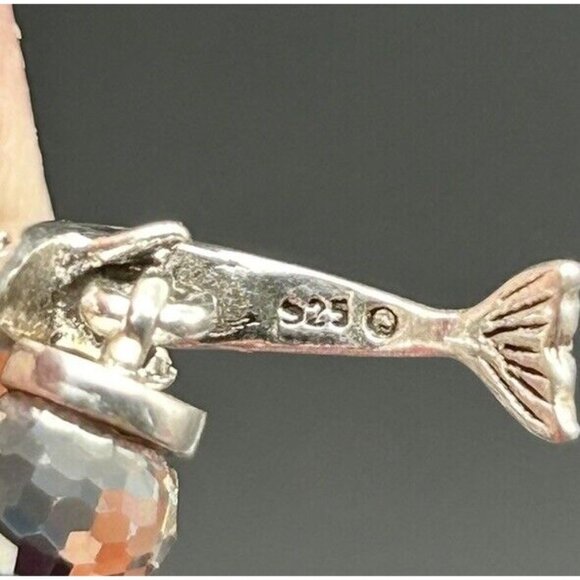 Sterling Silver Dolphin Earrings with Crystal Ball Marked 925 Dangle Drop 1/2" - Picture 4 of 5